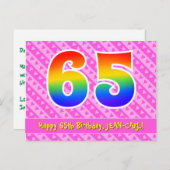 65歳の誕生日：ピンクのストライプとハート、虹色の65 ポストカード (正面/裏面)