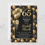 65歳の誕生日 ブラック ゴールド グリッター 風船 エレガント 招待状 (正面)
