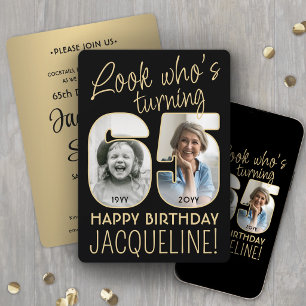 65歳の誕生日 ブラック&ゴールド バースデーパーティー 2枚の写真 招待状