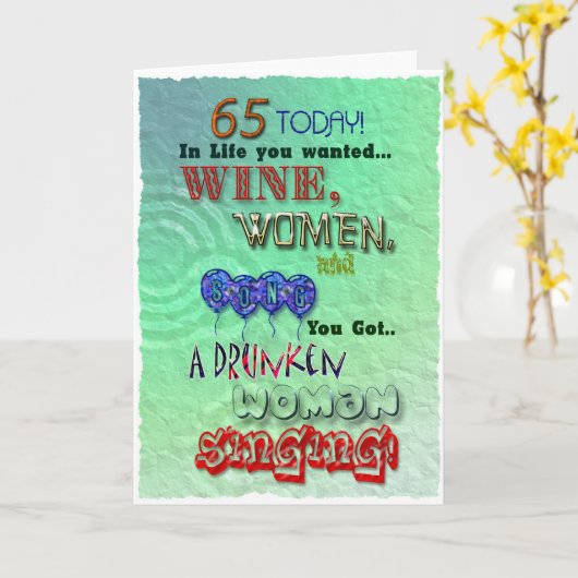 65歳の誕生日、ワインの女性とソングカード カード (黄色い花)