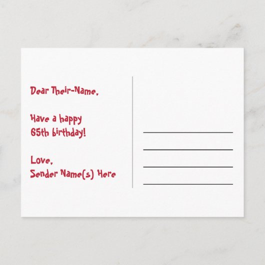 65歳の誕生日:楽しいスターパターン、虹65、名前 ポストカード (裏面)