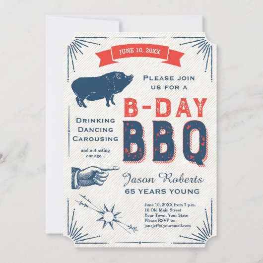 65歳の誕生日 BBQ パーティー オールアメリカン ヴィンテージ 招待状 (正面)