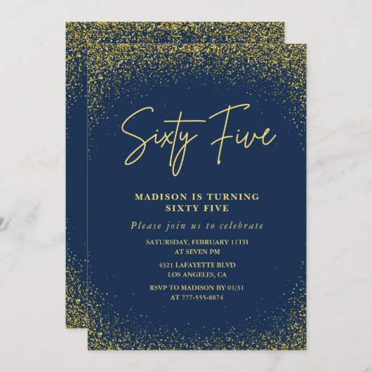 65歳エレガントの誕生日の招待金ゴールドネイビー・グラム 招待状 (正面/裏面)