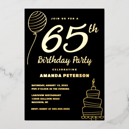 65歳エレガント誕生日パーティー実在金ゴールド 箔招待状 (正面)