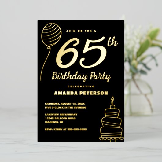 65歳エレガント誕生日パーティー実在金ゴールド 箔招待状 (立ち正面)