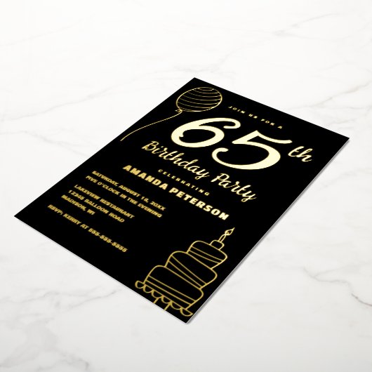 65歳エレガント誕生日パーティー実在金ゴールド 箔招待状 (回転した状態)