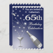 65歳誕生日パーティーの招待-青と銀 招待状 (正面/裏面)