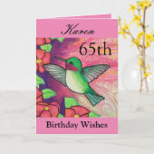 65番目の誕生日ウィッシュかわいらしピンクの蜂すずめ カード (黄色い花)