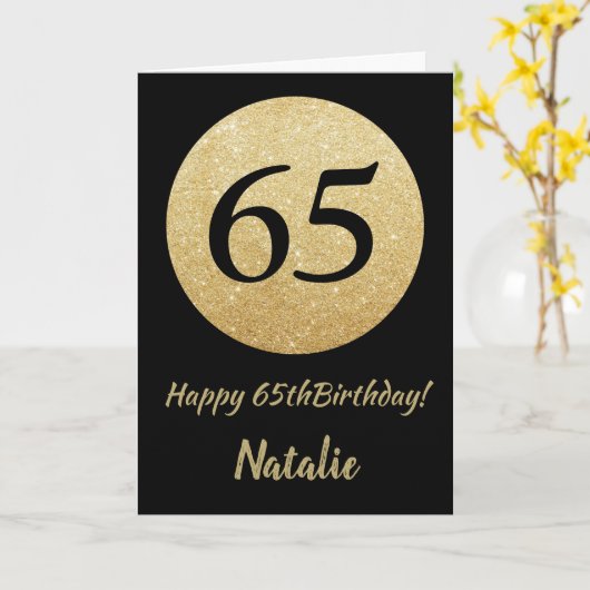 65番目の誕生日ブラックと金ゴールドグリッターカード カード (黄色い花)