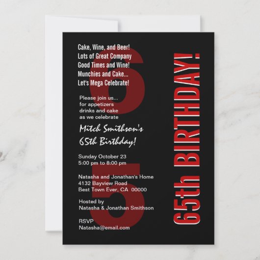 65番目の誕生日モダン白黒レッドテンプレート 招待状 (正面)