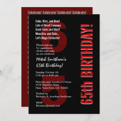 65番目の誕生日モダン白黒レッドテンプレート 招待状 (正面/裏面)