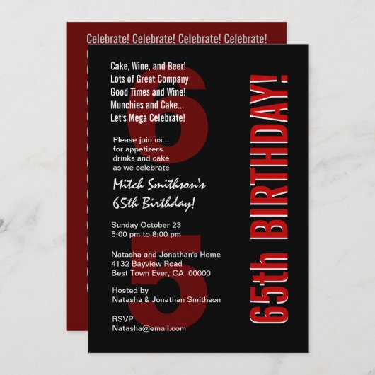 65番目の誕生日モダン白黒レッドテンプレート 招待状 (正面/裏面)