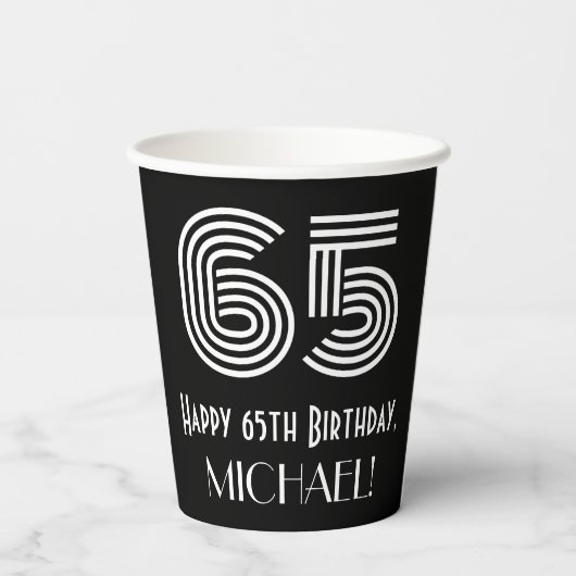 65番目の誕生日—アールデコインスパイアルック"65" +名前 紙コップ (裏面)