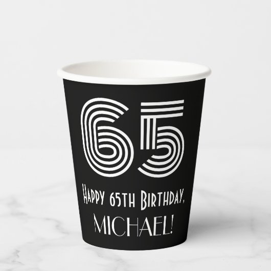 65番目の誕生日—アールデコインスパイアルック"65" +名前 紙コップ (正面)
