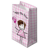 65誕生日スティックガールwithピンクバルーン スモールペーパーバッグ (正面アングル)