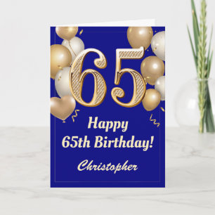 65誕生日ネイビーブルーと金ゴールドバルーン紙吹雪 カード