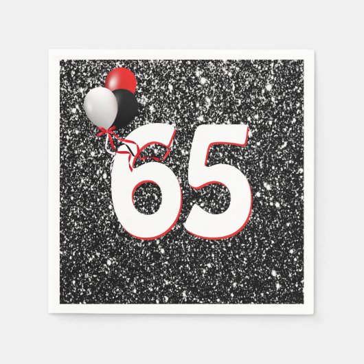 65誕生日バルーンオンブラックグリッターナプキンス スタンダードカクテルナプキン (正面)
