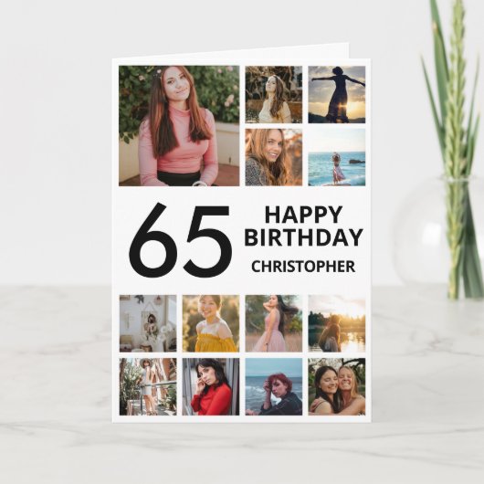 65誕生日フォトコラージュ13枚白黒 カード (正面)