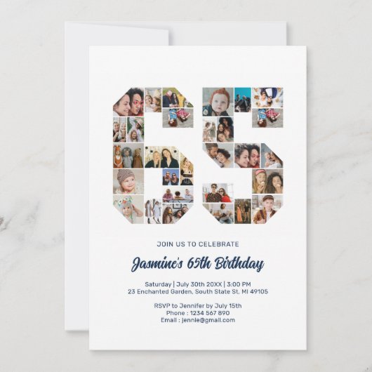 65誕生日番号65カスタムフォトコラージュ 招待状 (正面)