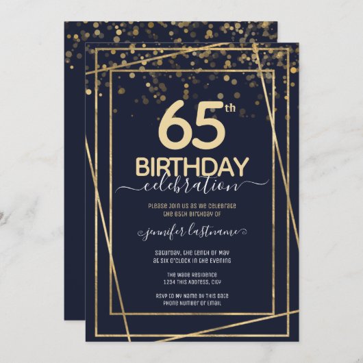 65誕生日金ゴールドとブルー招待状 招待状 (正面/裏面)