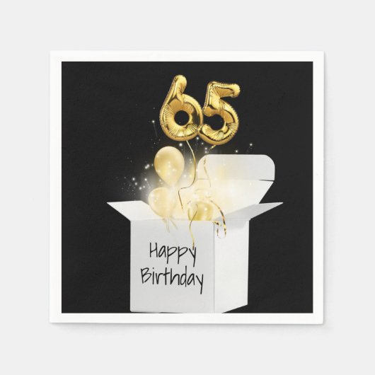 65誕生日金ゴールドバルーン(白いボックス) スタンダードカクテルナプキン (正面)