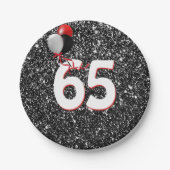65誕生日風船オン黒グリッター ペーパープレート (正面)