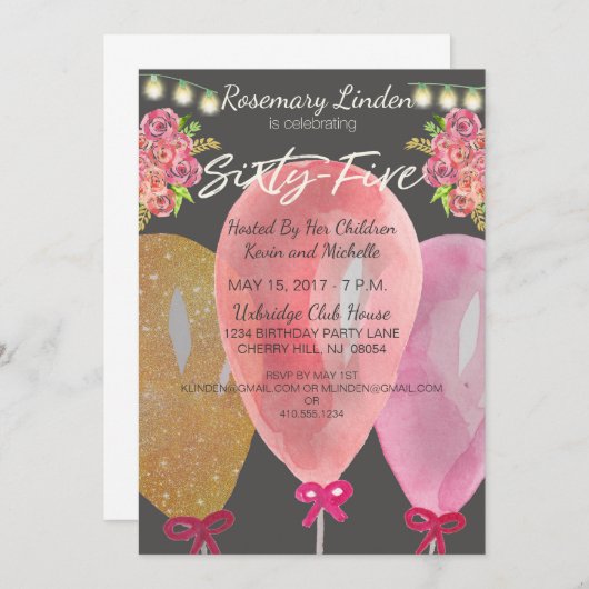 65誕生日風船フラワーアンドライト招待状 招待状 (正面/裏面)