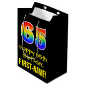 65誕生日:おもしろいはっきりした,カラフル，レインボー"65" ミディアムペーパーバッグ (正面アングル)