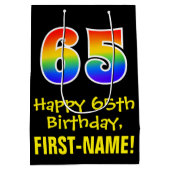 65誕生日:おもしろいはっきりした,カラフル，レインボー"65" ミディアムペーパーバッグ (裏面)