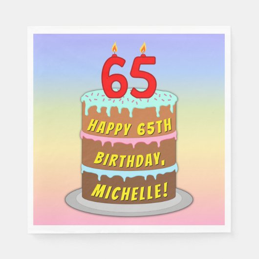 65誕生日:おもしろいケーキとキャンドル+名前をカスタムする スタンダードランチョンナプキン (正面)
