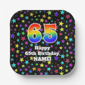 65誕生日:おもしろいスター柄と虹"65" ペーパープレート (正面)