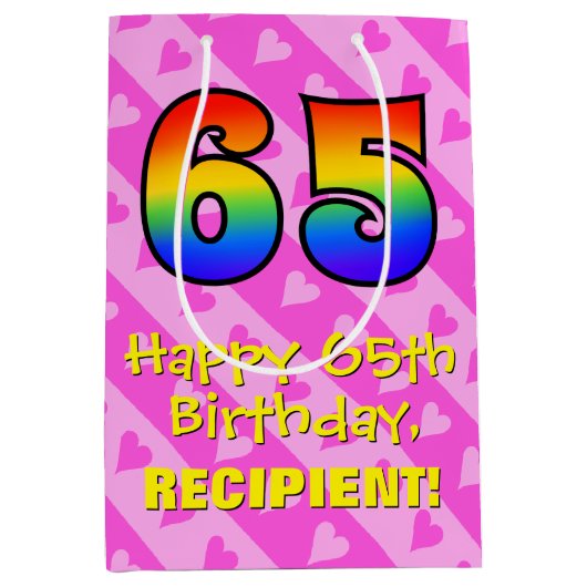65誕生日:おもしろいピンクハートストライプ、虹65 ミディアムペーパーバッグ (正面)