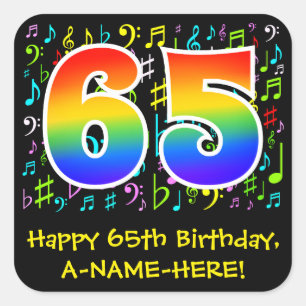 65誕生日:カラフル音楽シンボル、レインボー65 スクエアシール