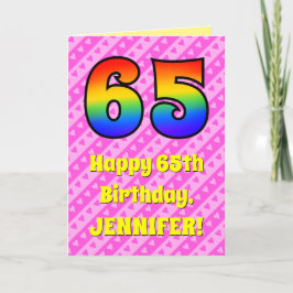 65誕生日：ピンクストライプのハート、レインボー# 65 カード