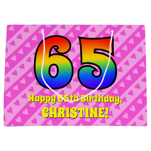 65誕生日:ピンクストライプのハート、レインボー# 65 ラージペーパーバッグ (正面)