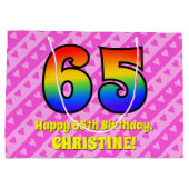 65誕生日：ピンクストライプのハート、レインボー# 65 ラージペーパーバッグ (裏面)