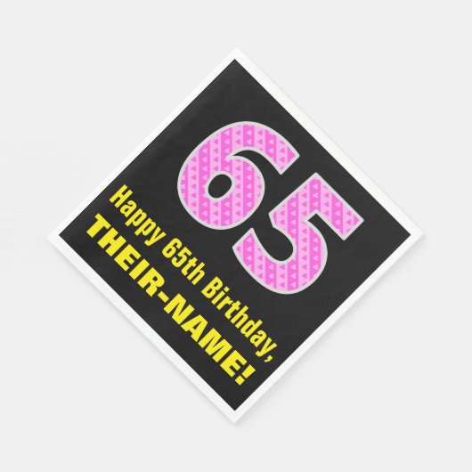 65誕生日:ピンクストライプ色のハートと"65" +名前 スタンダードランチョンナプキン (角)