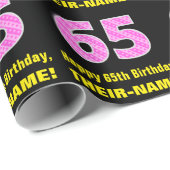 65誕生日:ピンクストライプ色のハートと"65" +名前 ラッピングペーパー (ロールコーナー)