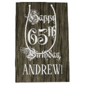 65誕生日: ファンシー, フェイク Wood Look +名前をカスタムする ミディアムペーパーバッグ (正面)