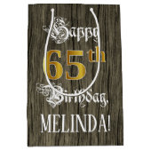 65誕生日:フェイク金ゴールドルック&ウッドフェイクパターン ミディアムペーパーバッグ (正面)