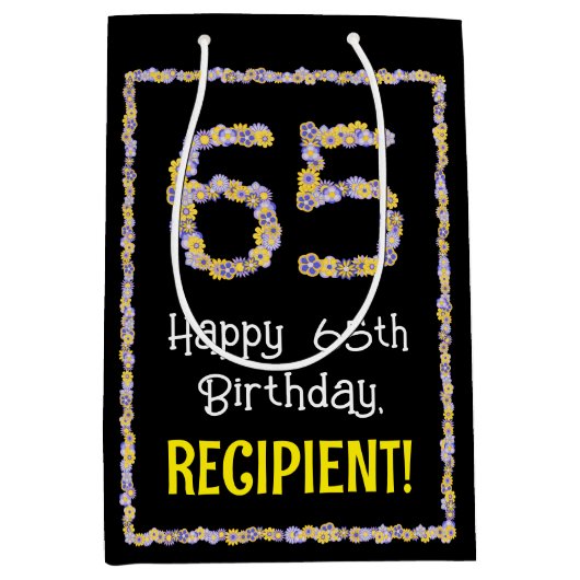 65誕生日:フローラ花数名前をカスタムする ミディアムペーパーバッグ (正面)