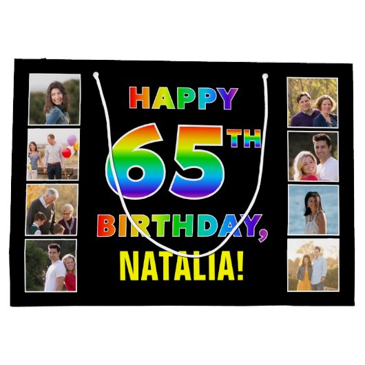 65誕生日:レインボー文字カスタム、写真&名前 ラージペーパーバッグ (裏面)