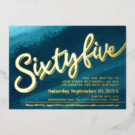 65 65誕生日アクアティール（緑がかった色）金ゴールド写真 箔招待状