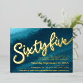 65 65誕生日アクアティール（緑がかった色）金ゴールド写真 箔招待状 (立ち正面)