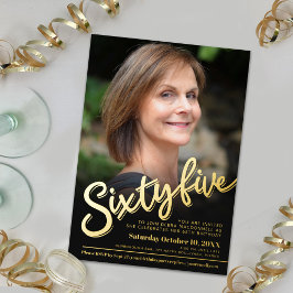 65 65誕生日カスタム写真黒金ゴールド 箔招待状