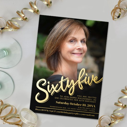65 65誕生日カスタム写真黒金ゴールド 箔招待状