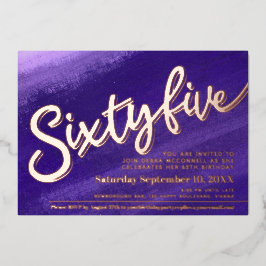 65 65誕生日紫バラ金ゴールド写真 箔招待状