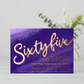 65 65誕生日紫バラ金ゴールド写真 箔招待状 (立ち正面)