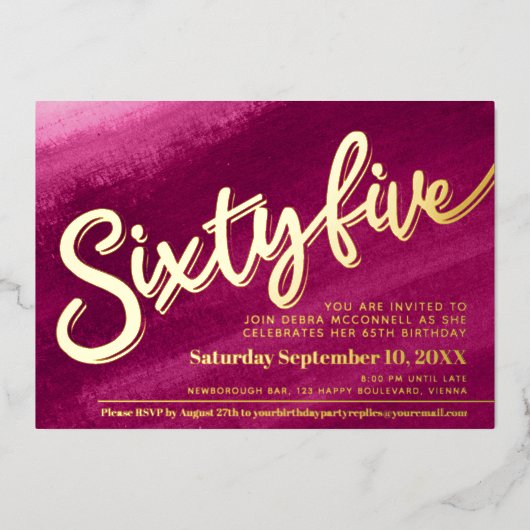 65 65誕生日金ゴールド赤ピンクの写真 箔招待状 (正面)