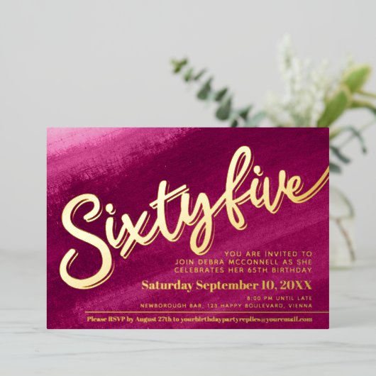 65 65誕生日金ゴールド赤ピンクの写真 箔招待状 (立ち正面)
